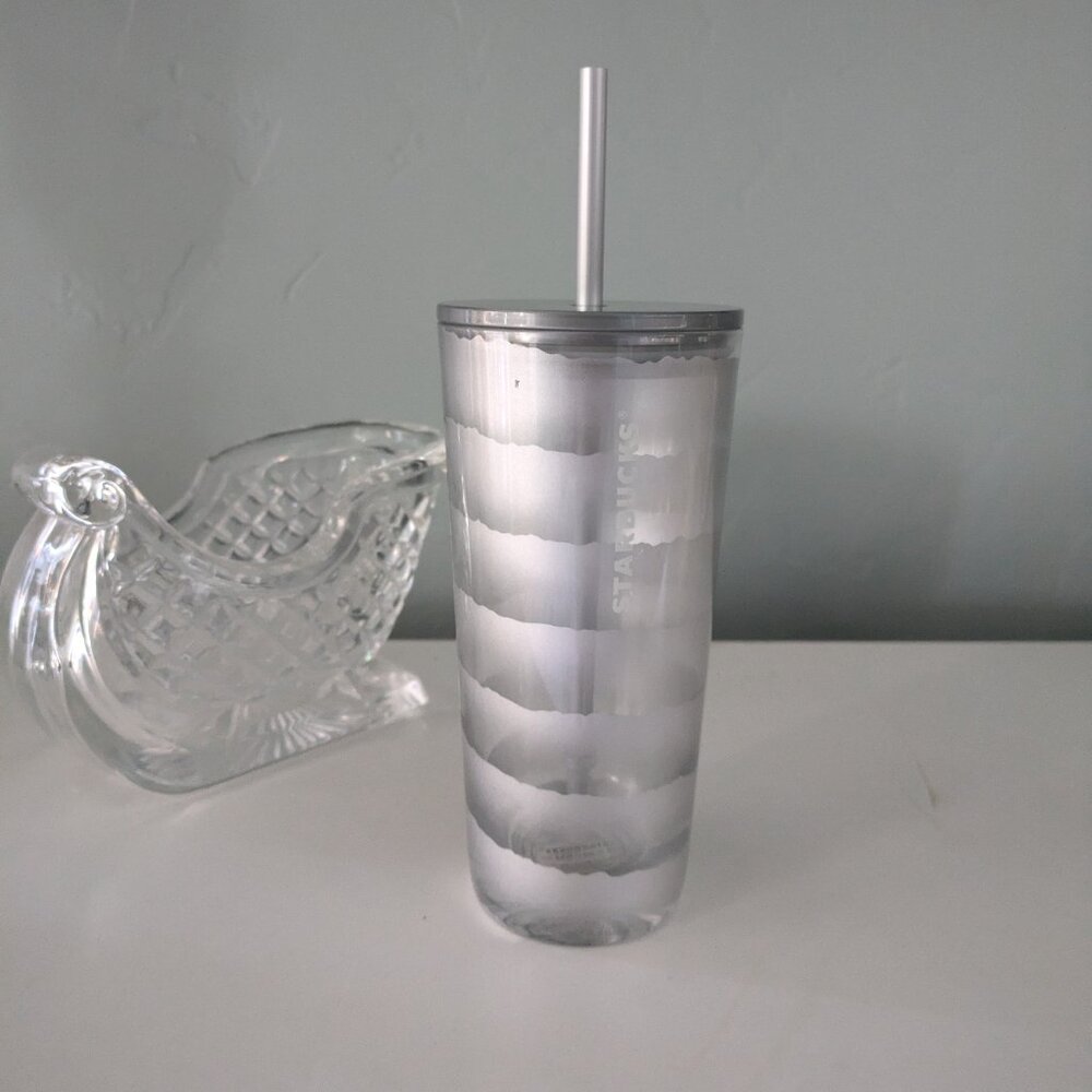 Starbucks Holiday METALLIC SILVER swirl RIBBON Recycled GLASS CUP w/straw